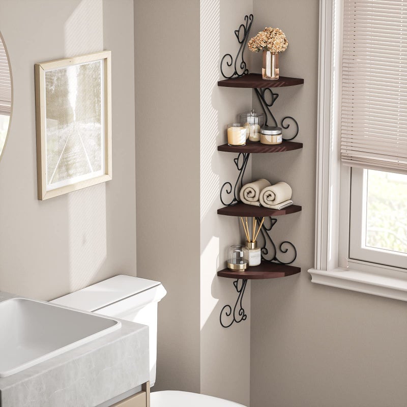 Alsonerbay Corner Shelf Wall Mount, 4 Tier Floating Shelves for Wall, Easy-to-Assemble Wall Shelves Rustic Wood Decor for Bedroom Living Room Bathroom Kitchen Office, Walnut Finish - Image 5