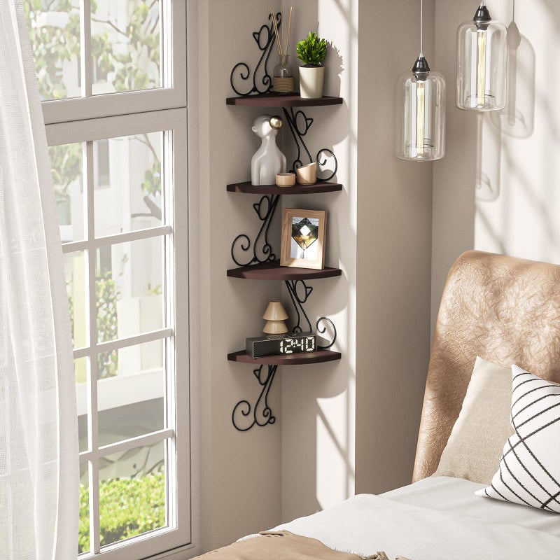 Alsonerbay Corner Shelf Wall Mount, 4 Tier Floating Shelves for Wall, Easy-to-Assemble Wall Shelves Rustic Wood Decor for Bedroom Living Room Bathroom Kitchen Office, Walnut Finish - Image 3