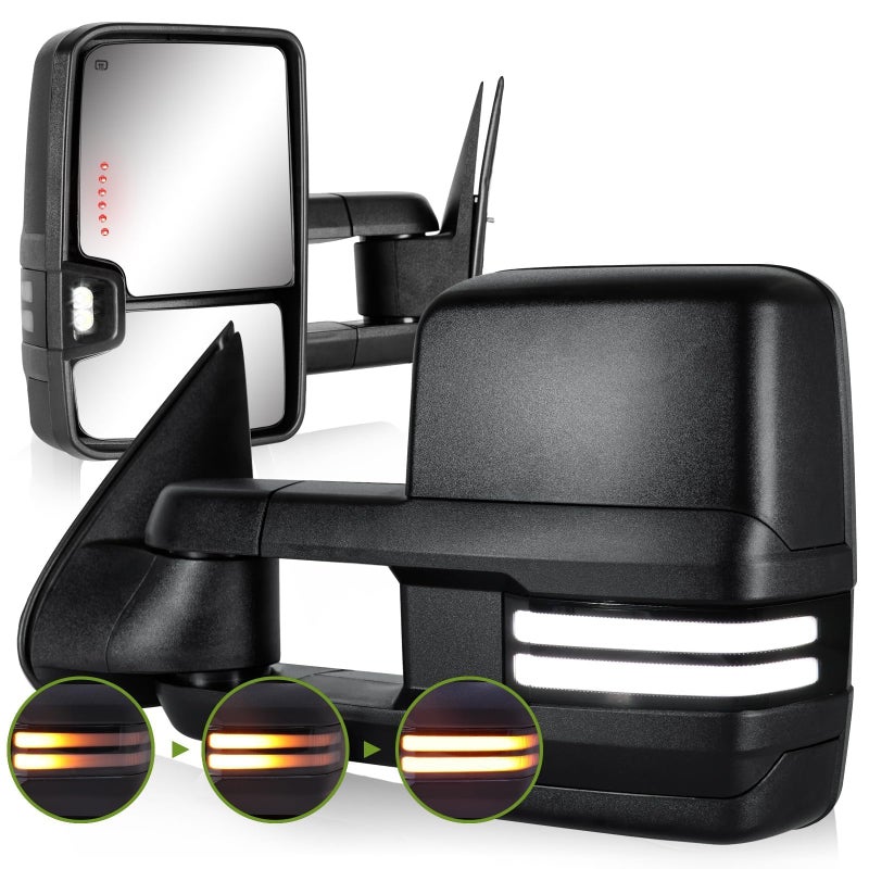 SIZIOM Switchback Towing Mirrors for 20032007 Chevy Silverado GMC Sierra Side Mirror with Dynamic Turn Signal Running Light Backup Lamp Power Heated Extendable Pair SetTextured Black