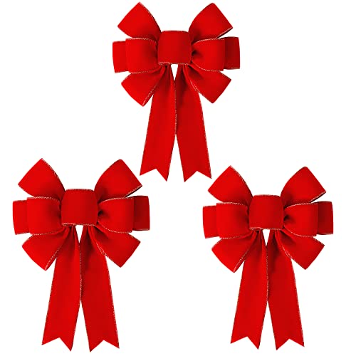 SIMISI RIBBON 3 Packs Red Bows Christmas Decorations Big Wired Velvet Bow with Gold Border for Wreaths Outdoor Gift Wrapping Tree Topper Outside 12 14 inch - Image 1