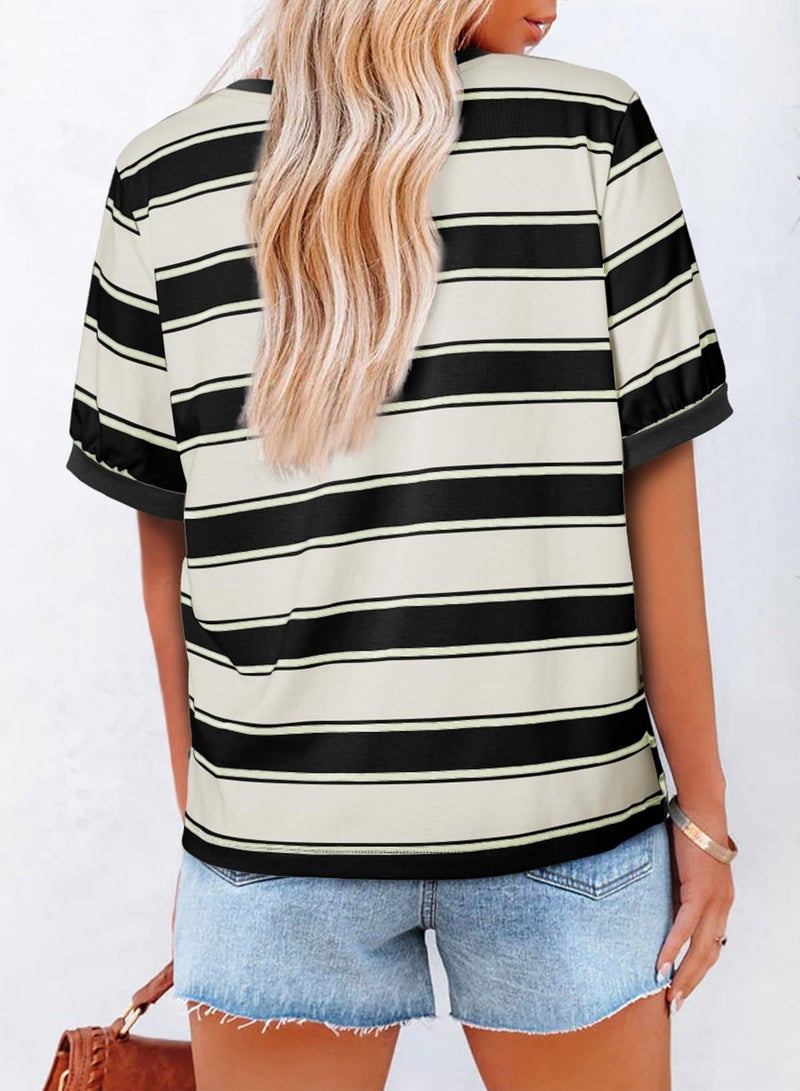 Lafural Womens Tops Cotton Casual Color Block Striped Short Sleeve Shirts Crewneck T Shirts Loose Basic Tee Blouses Black White L - Image 2