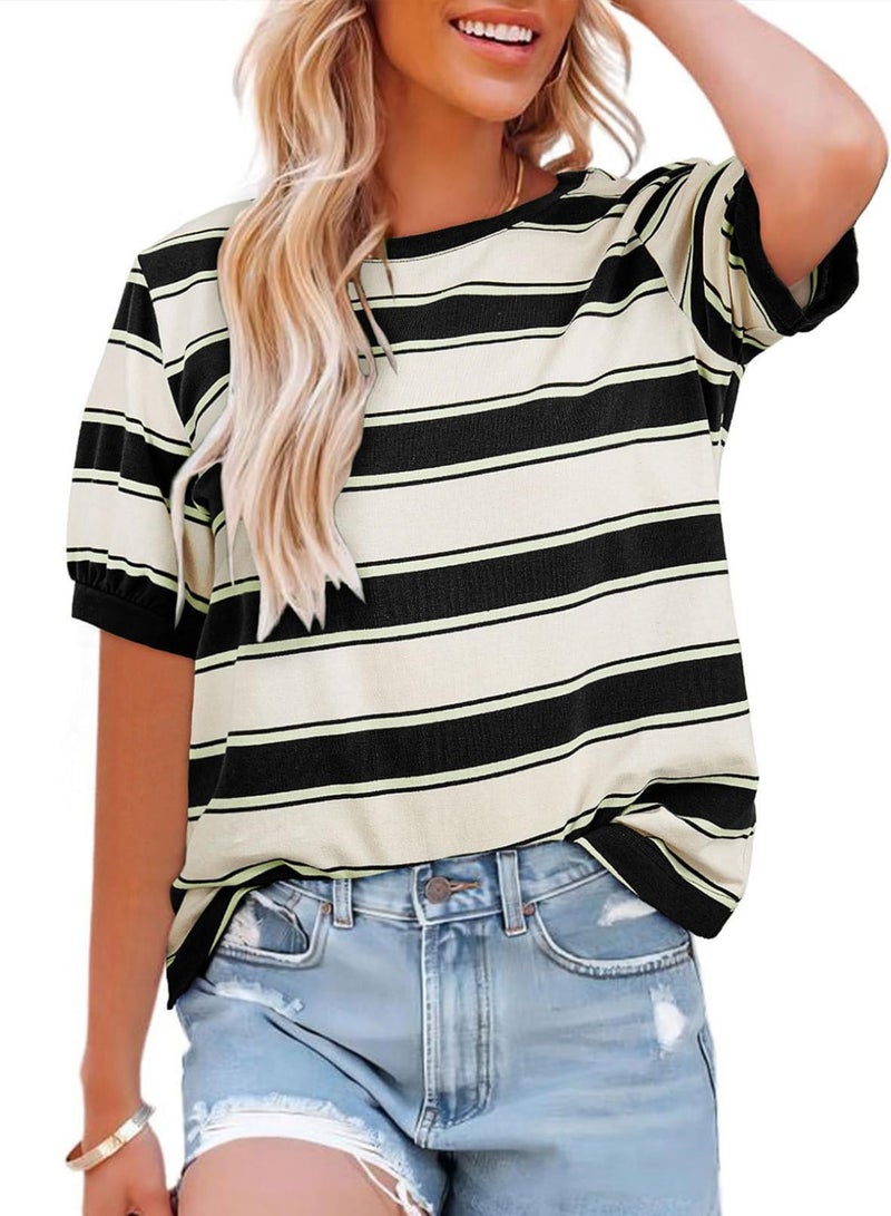 Lafural Womens Tops Cotton Casual Color Block Striped Short Sleeve Shirts Crewneck T Shirts Loose Basic Tee Blouses Black White L - Image 1