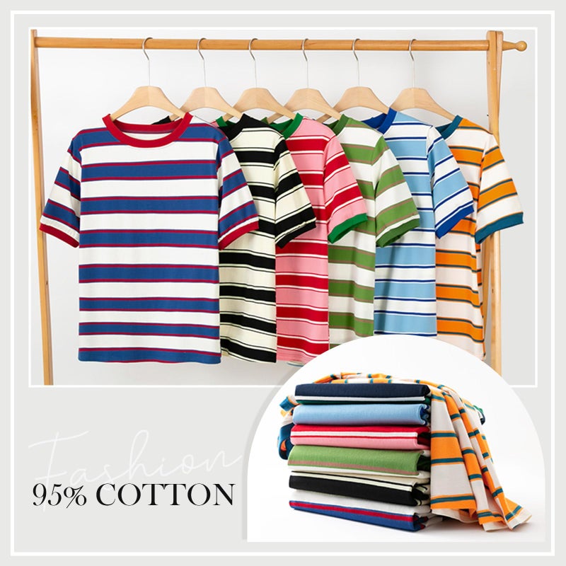 Lafural Womens Tops Cotton Casual Color Block Striped Short Sleeve Shirts Crewneck T Shirts Loose Basic Tee Blouses Black White L - Image 5