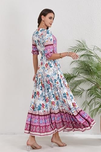 HECCPLI Women Short Sleeve V Neck Floral Print Casual Bohemian Maxi Dresses - Image 3