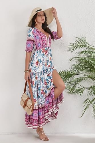 HECCPLI Women Short Sleeve V Neck Floral Print Casual Bohemian Maxi Dresses - Image 5