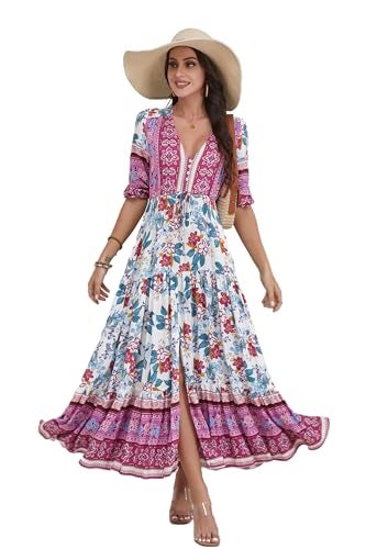 HECCPLI Women Short Sleeve V Neck Floral Print Casual Bohemian Maxi Dresses - Image 4