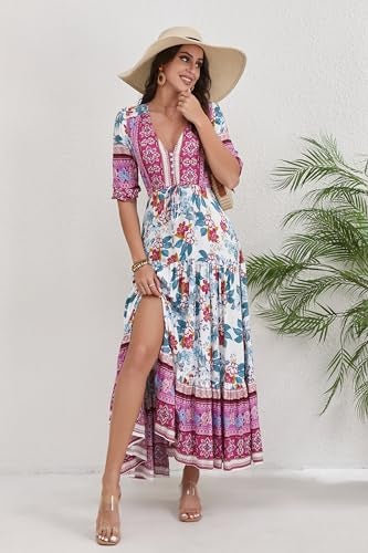 HECCPLI Women Short Sleeve V Neck Floral Print Casual Bohemian Maxi Dresses - Image 2