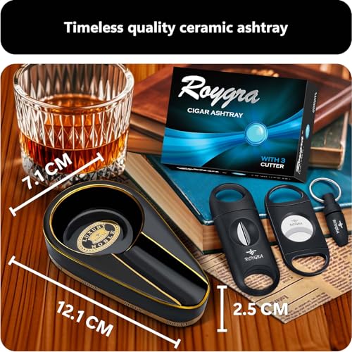 roygra Ceramic Ash Tray, Cigar Ashtray for Outside Patio with 3 Cutter, Outdoor Ashtray, Ashtrays for Outdoors with Holder, Cigars Smoking Accessories for Men, Home Décor, Ashtrays for Smokers Indoor - Image 2