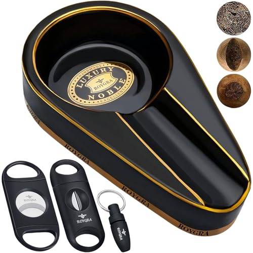 roygra Ceramic Ash Tray, Cigar Ashtray for Outside Patio with 3 Cutter, Outdoor Ashtray, Ashtrays for Outdoors with Holder, Cigars Smoking Accessories for Men, Home Décor, Ashtrays for Smokers Indoor - Image 1