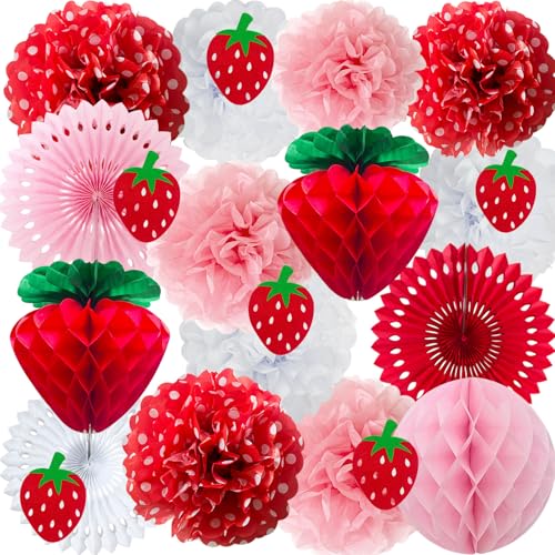 ANSOMO Strawberry Party Decorations Red Pink White Tissue Pom Poms Fans Honeycom Balls Lanterns Garland Classroom Berry Sweet Fruits 1st One Birthday Bridal Baby Shower Décor Supplies Girls - Image 1