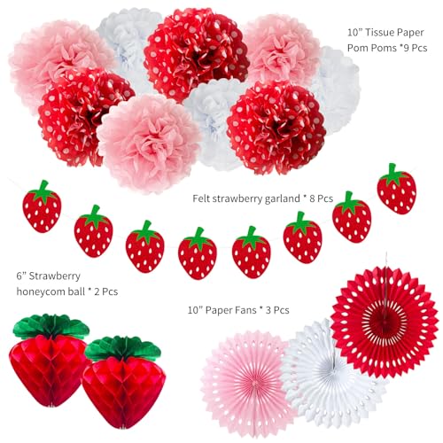 ANSOMO Strawberry Party Decorations Red Pink White Tissue Pom Poms Fans Honeycom Balls Lanterns Garland Classroom Berry Sweet Fruits 1st One Birthday Bridal Baby Shower Décor Supplies Girls - Image 2