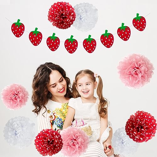 ANSOMO Strawberry Party Decorations Red Pink White Tissue Pom Poms Fans Honeycom Balls Lanterns Garland Classroom Berry Sweet Fruits 1st One Birthday Bridal Baby Shower Décor Supplies Girls - Image 3