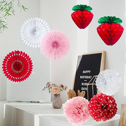 ANSOMO Strawberry Party Decorations Red Pink White Tissue Pom Poms Fans Honeycom Balls Lanterns Garland Classroom Berry Sweet Fruits 1st One Birthday Bridal Baby Shower Décor Supplies Girls - Image 4