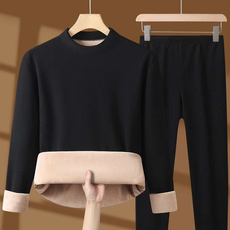 Warm Clothes Mens Thickened fleece-lined Cold-proof New Winter Womens Autumn Clothes and Autumn Trousers suit Lamb Fleece Mid-collar Black women's model 