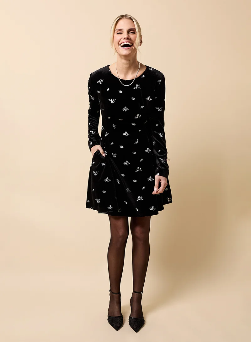 Little Mistress Printed Flared Crew Neck Mini Dress