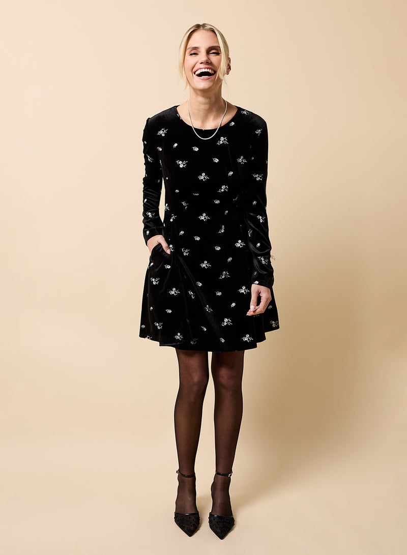 Little Mistress Printed Flared Crew Neck Mini Dress - Image 1