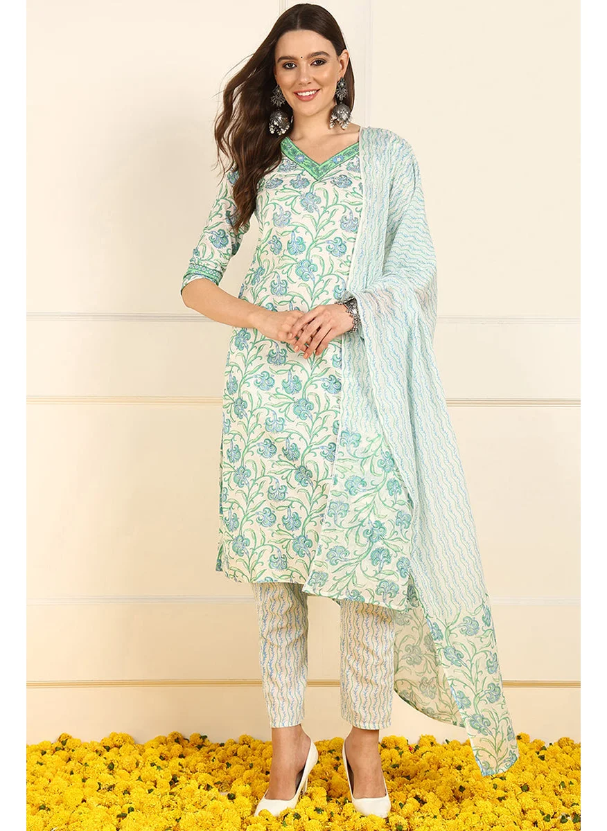 زيري سوق White Pure Cotton Floral Printed Straight 3-Piece Kurta Set
