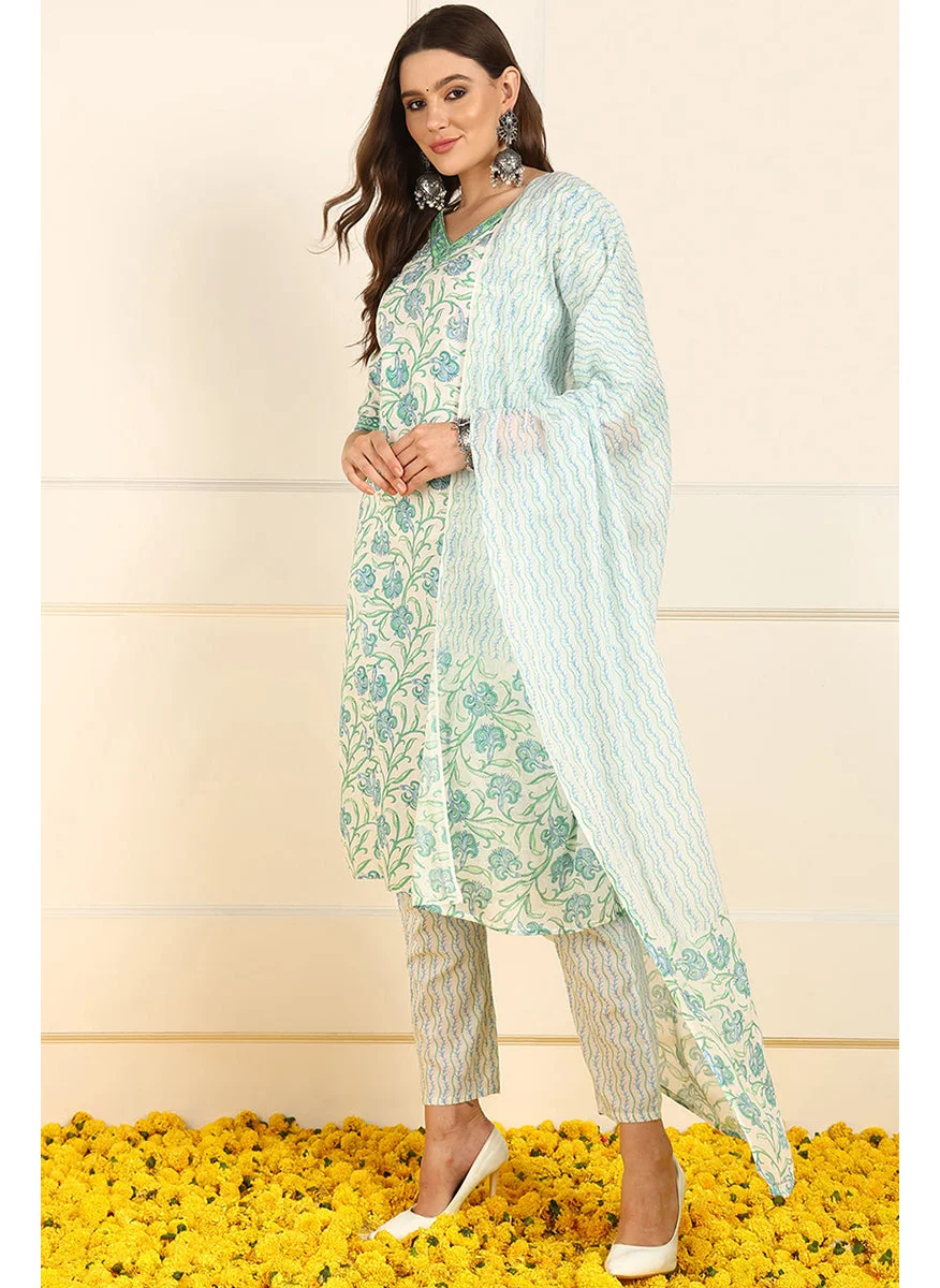 زيري سوق White Pure Cotton Floral Printed Straight 3-Piece Kurta Set