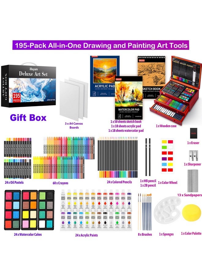 آي بايام مجموعة فنية فاخرة مكونة من 195 حزمة من صندوق هدايا الفنان للفنون والحرف اليدوية مجموعة أدوات الرسم الفنية للبالغين والأطفال مجموعة أدوات فنية مع 24 طلاء أكريليك وكراسة رسم وأقلام تلوين وأقلام تلوين - Image 2