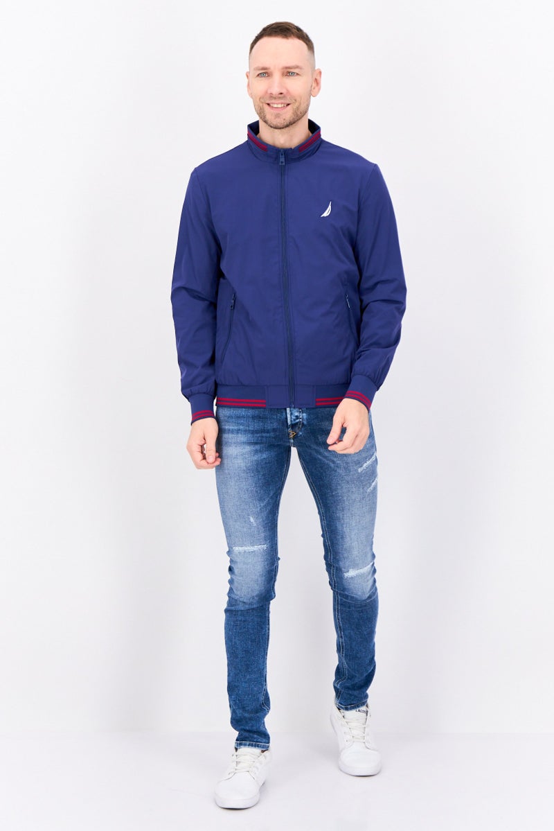 NAUTICA جاكيت بومبر للرجال بشعار مطرز، أزرق داكن/أحمر - Image 4