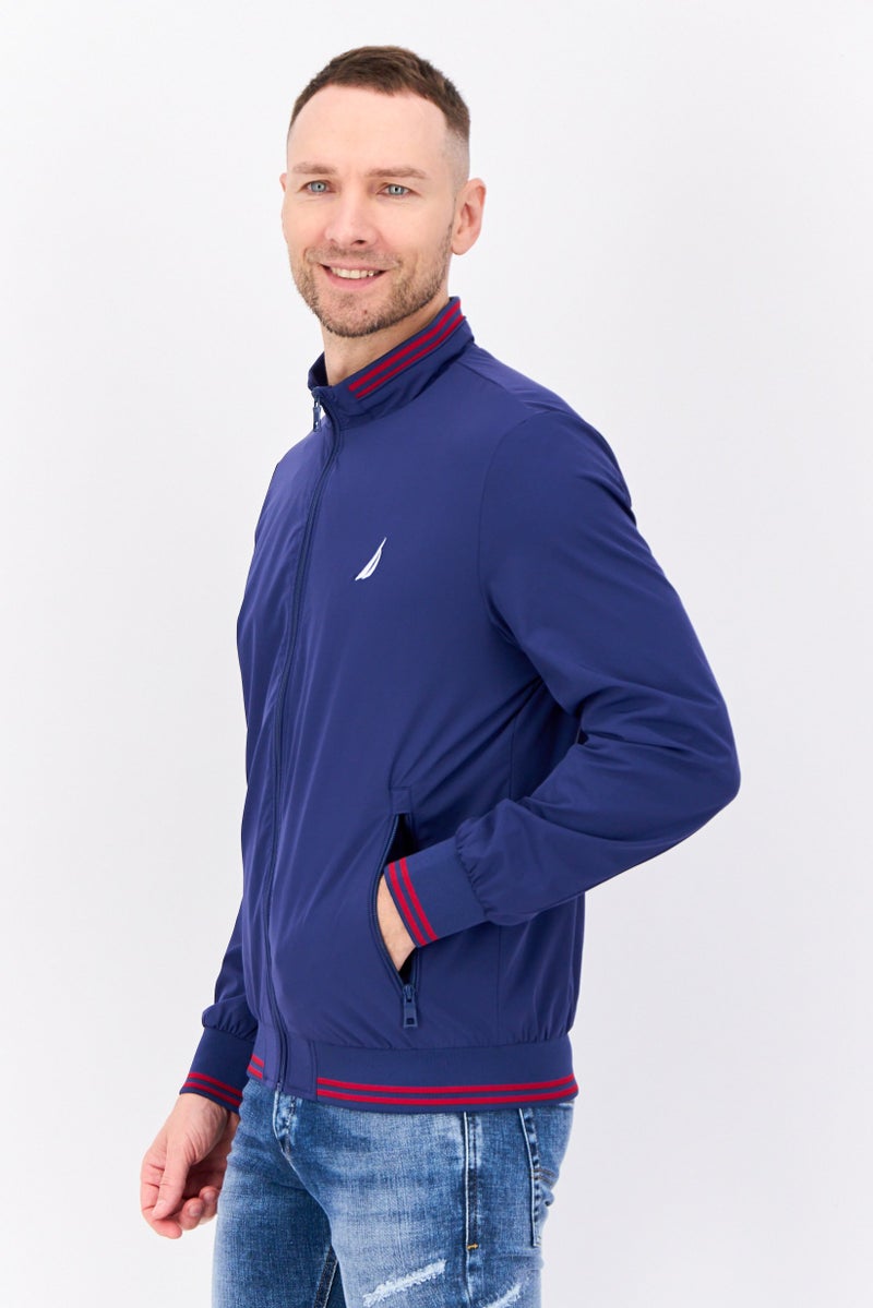 NAUTICA جاكيت بومبر للرجال بشعار مطرز، أزرق داكن/أحمر - Image 3