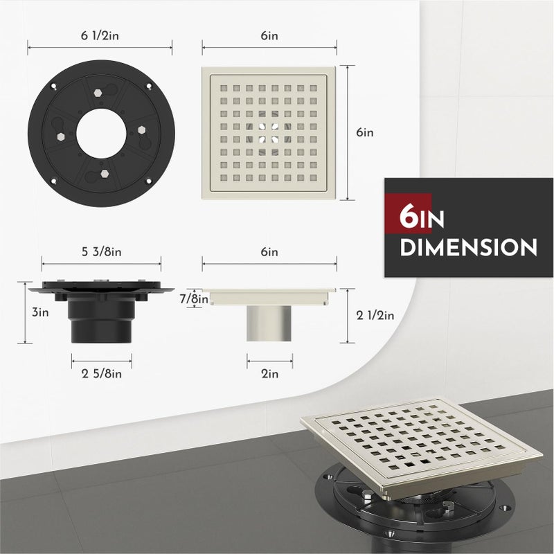 WEBANG 6 Inch Square Shower Floor Drain with Flange,Quadrato Pattern Grate Removable,Food-Grade SUS 304 Stainless Steel,Watermark&CUPC Certified,Brushed Nickel - Image 2