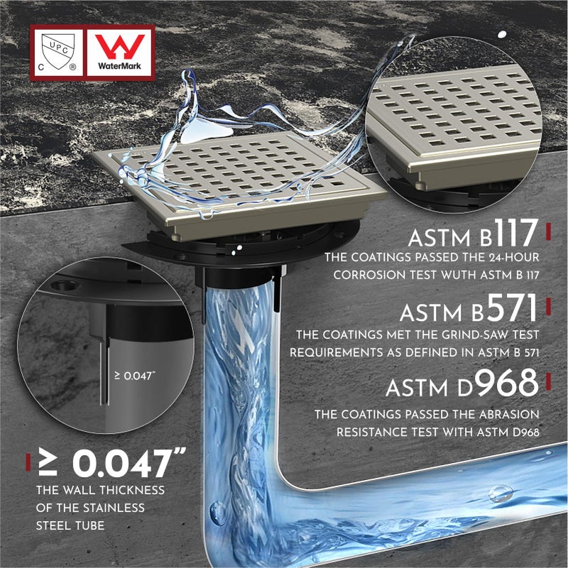 WEBANG 6 Inch Square Shower Floor Drain with Flange,Quadrato Pattern Grate Removable,Food-Grade SUS 304 Stainless Steel,Watermark&CUPC Certified,Brushed Nickel - Image 5