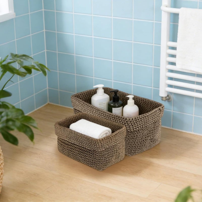 2 Pcs Brown Woven Rope Storage Basket Set, Decorative Cotton Hemp, Large And Small With Open Design, Bohemian Style, For Organizing Crochet Knitting Supplies - Image 1