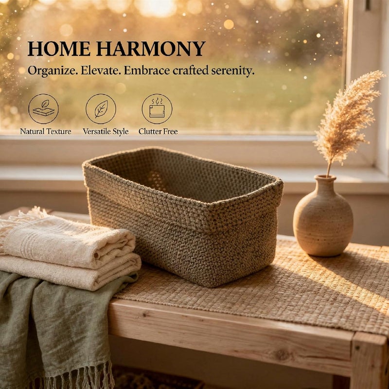 2 Pcs Brown Woven Rope Storage Basket Set, Decorative Cotton Hemp, Large And Small With Open Design, Bohemian Style, For Organizing Crochet Knitting Supplies - Image 2