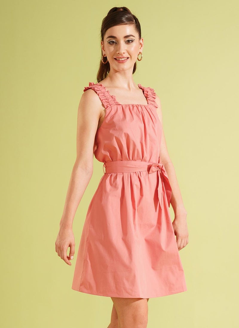 Globus Women's Coral Pink Solid Belted Party Dress with Square Neck and Ruched Detail - Image 3