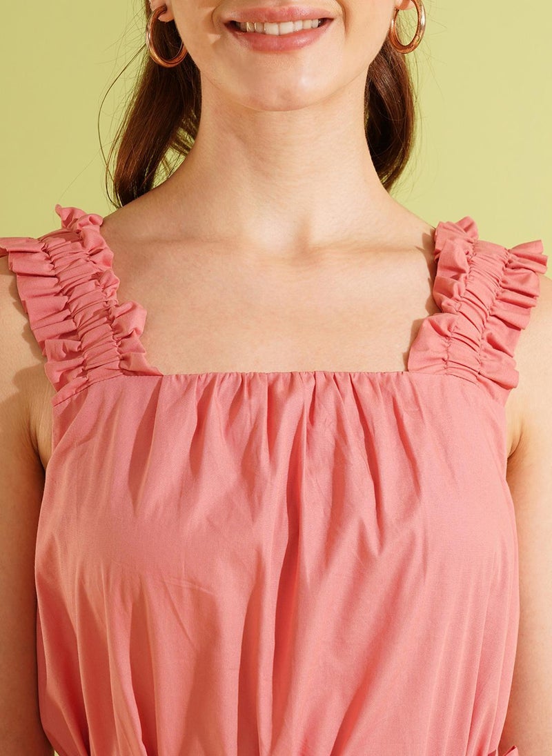 Globus Women's Coral Pink Solid Belted Party Dress with Square Neck and Ruched Detail - Image 5