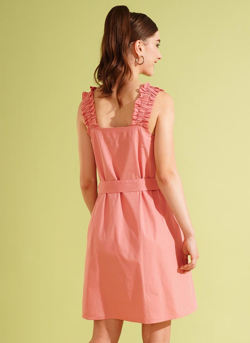 Globus Women's Coral Pink Solid Belted Party Dress with Square Neck and Ruched Detail - Image 4