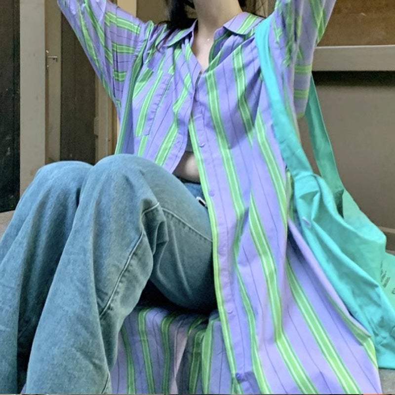 2023 new contrast color vertical striped long shirt womens autumn loose lazy style shirt coat Contrast color striped long shirt