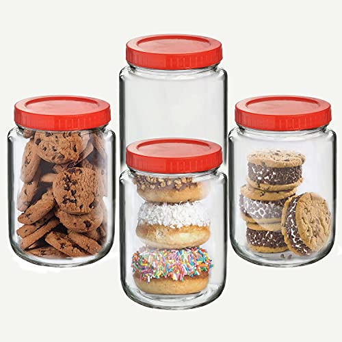 Brezzycloud Piraml Glass Round Shape Transparent Glass Jars & Containers for Kitchen Pantry, Snacks, Dry Fruits, Coffee Beans Storage 1kg glassjar with Red Color Plastic Lid (Set Of 4) (1000ml, round) - Image 1