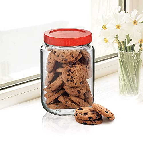 Brezzycloud Piraml Glass Round Shape Transparent Glass Jars & Containers for Kitchen Pantry, Snacks, Dry Fruits, Coffee Beans Storage 1kg glassjar with Red Color Plastic Lid (Set Of 4) (1000ml, round) - Image 5