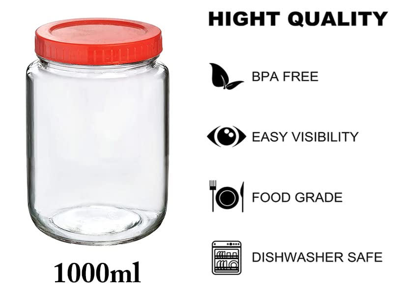 Brezzycloud Piraml Glass Round Shape Transparent Glass Jars & Containers for Kitchen Pantry, Snacks, Dry Fruits, Coffee Beans Storage 1kg glassjar with Red Color Plastic Lid (Set Of 4) (1000ml, round) - Image 3