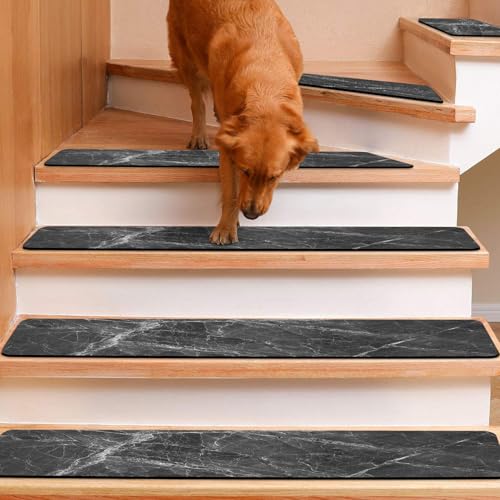 GOYLSER Non Slip Rubber Carpet Stair Treads for Wooden Steps Indoor, 15 Pack Slip Resistant Stair Rug Staircase Step Treads Pads for Pet, Kids and Elderly, Black Marble - Image 1