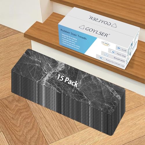 GOYLSER Non Slip Rubber Carpet Stair Treads for Wooden Steps Indoor, 15 Pack Slip Resistant Stair Rug Staircase Step Treads Pads for Pet, Kids and Elderly, Black Marble - Image 2