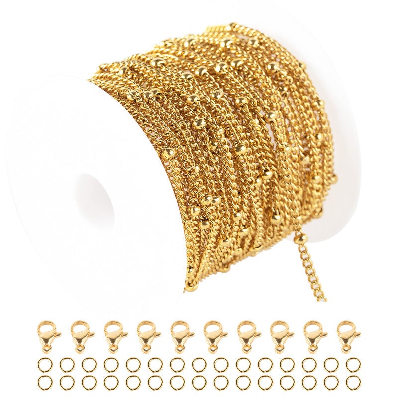 UMAOKANG 164 Feet Gold Chain Stainless Steel Bead String Twisted Necklace Bulk Chains with Jump Rings Lobster Clasps for Jewelry Making DLY Bracelet Anklet