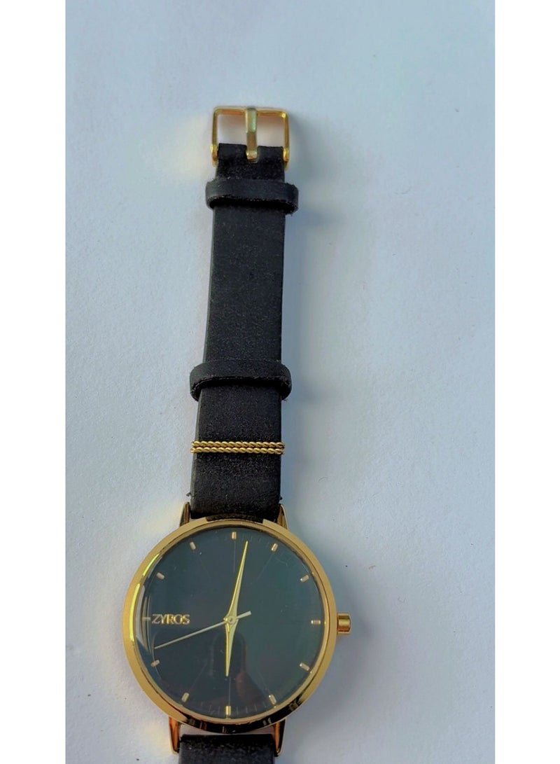 ZYROS Premium Black and Gold Analogue Watch for Men – Pristine, Brand New Condition, Ideal for Work or Formal Gifting, featuring a High-Quality Black Leather Strap - Image 2
