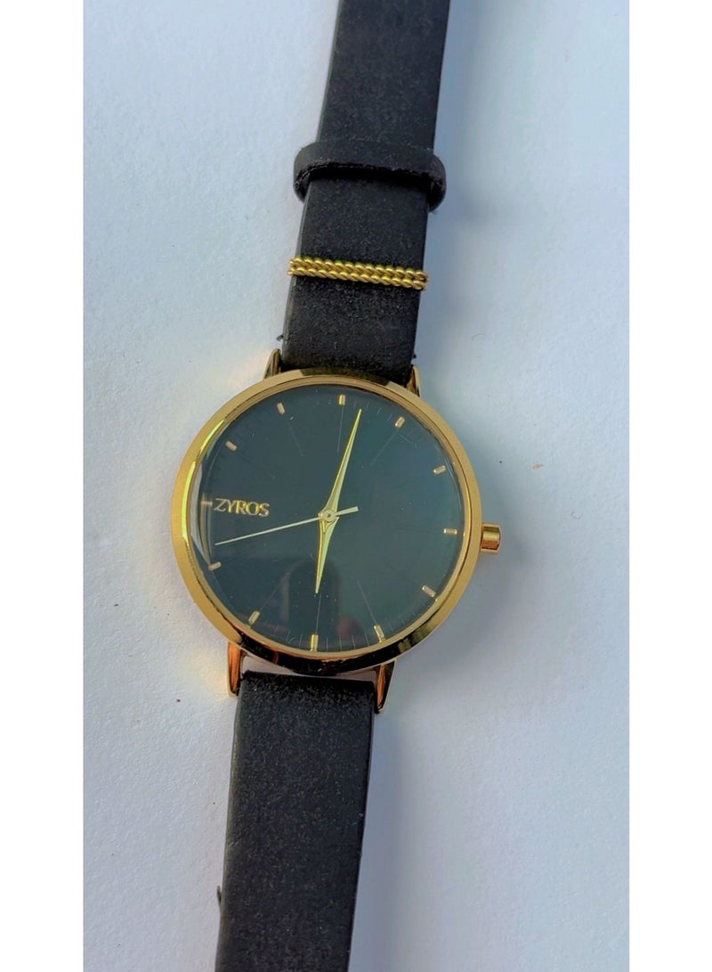 ZYROS Premium Black and Gold Analogue Watch for Men – Pristine, Brand New Condition, Ideal for Work or Formal Gifting, featuring a High-Quality Black Leather Strap - Image 1
