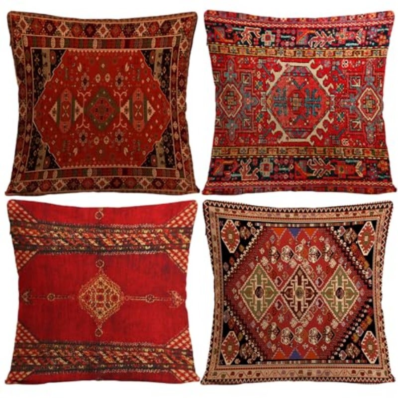 أغطية وسائد مربعة بأسلوب بوهيميا 45×45 سم لمخدات الأريكة مجموعة من 4 أغطية مخدات زخرفية بسحاب مخفي لديكور المنزل والمجلس والديكور الفندقي والحديقة لون أحمر غامق - Image 1