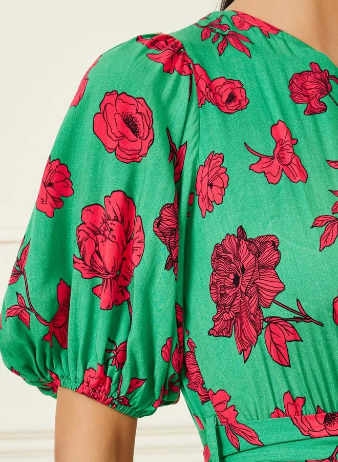 Styli Floral Print One Shoulder Sleeves A-Line Maxi Dress