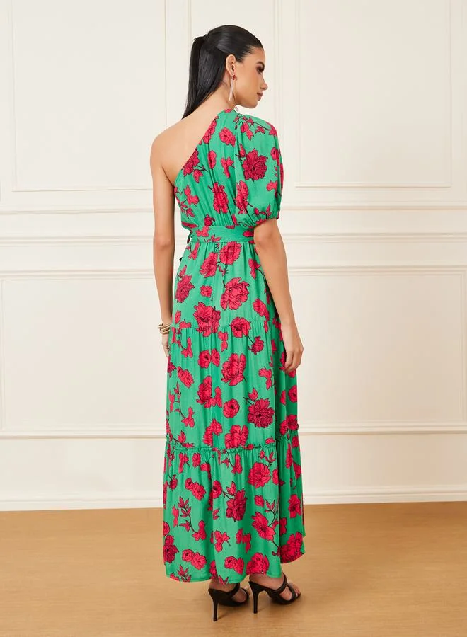 Styli Floral Print One Shoulder Sleeves A-Line Maxi Dress