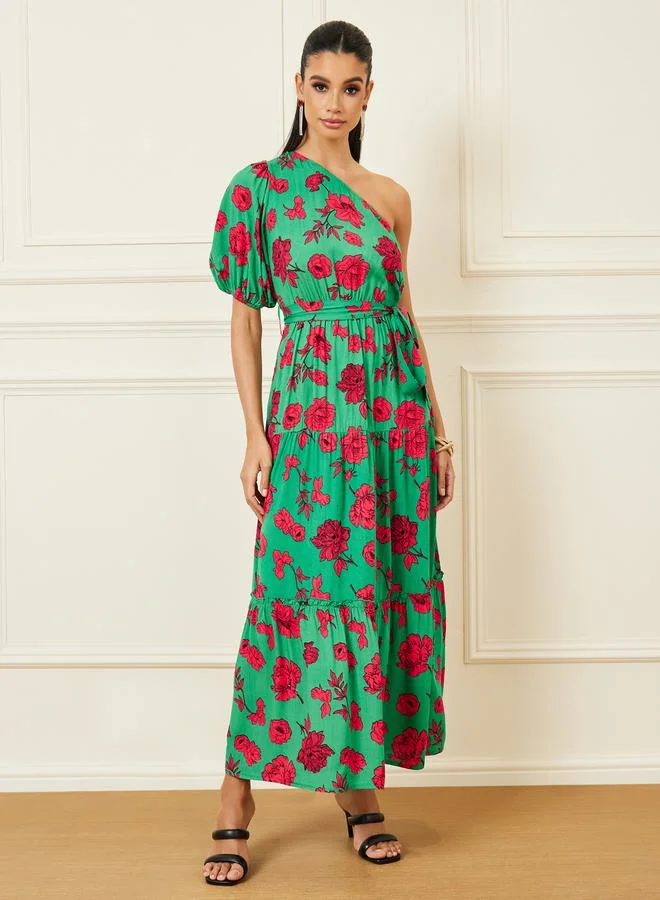 Styli Floral Print One Shoulder Sleeves A-Line Maxi Dress