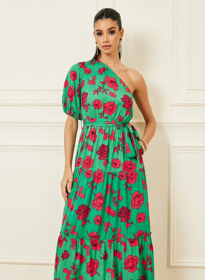 Styli Floral Print One Shoulder Sleeves A-Line Maxi Dress
