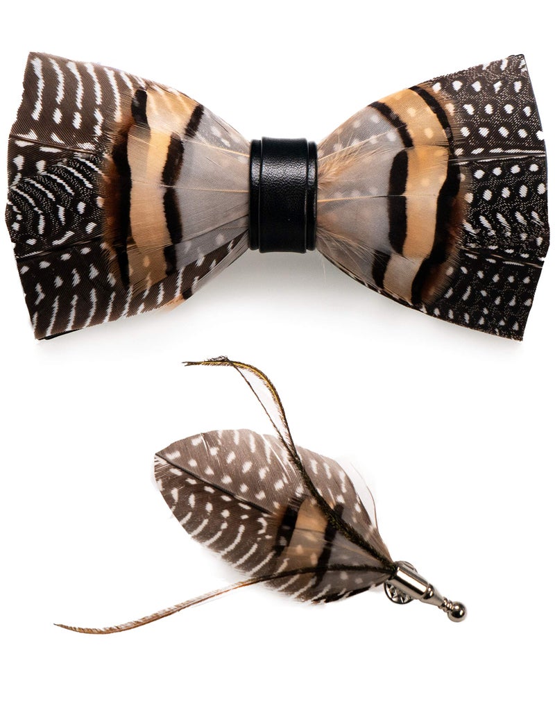 RBOCOTT Leather Feather Handmade Pre-tied Bow tie and Brooch Sets for Men(2) - Image 1
