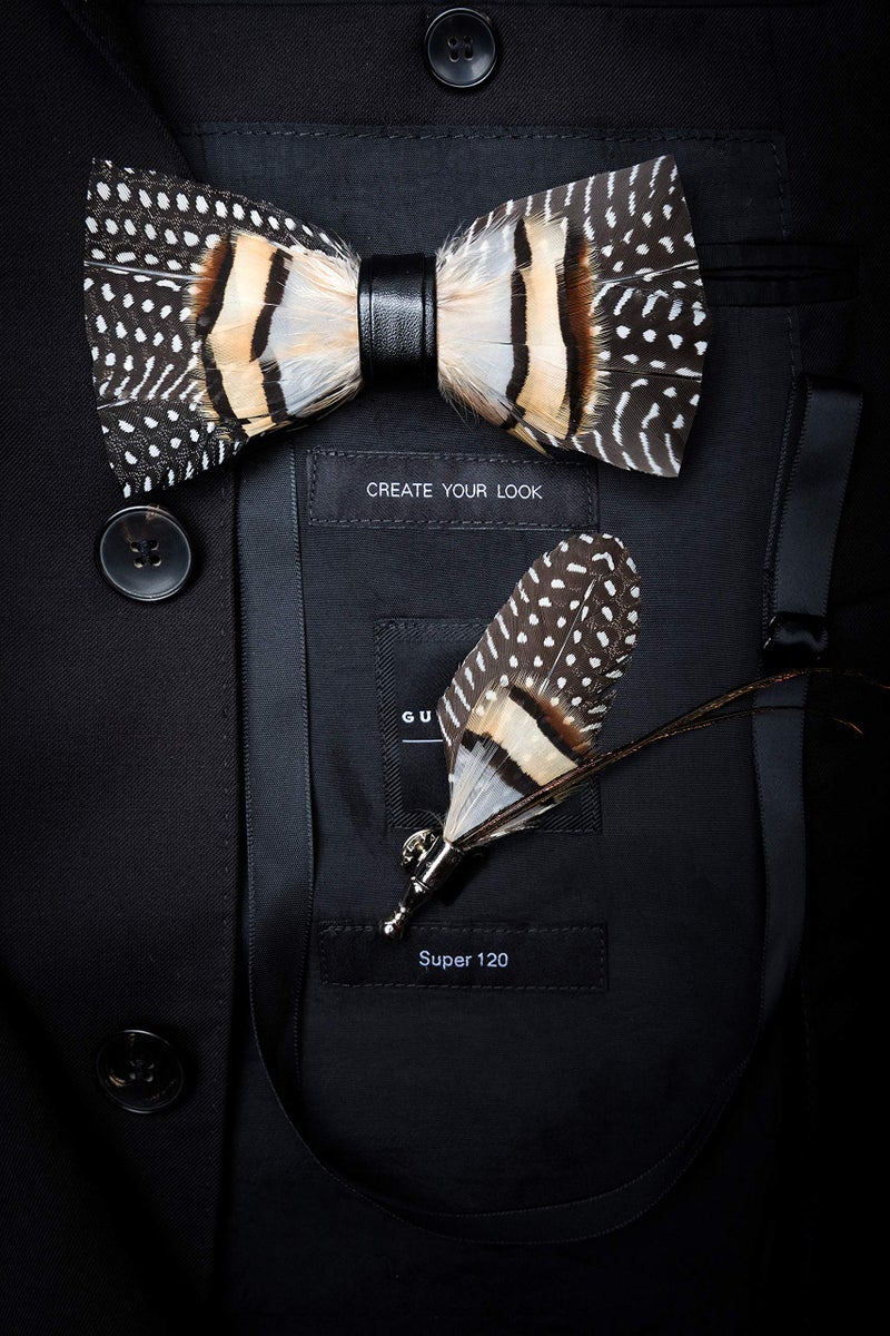 RBOCOTT Leather Feather Handmade Pre-tied Bow tie and Brooch Sets for Men(2) - Image 4