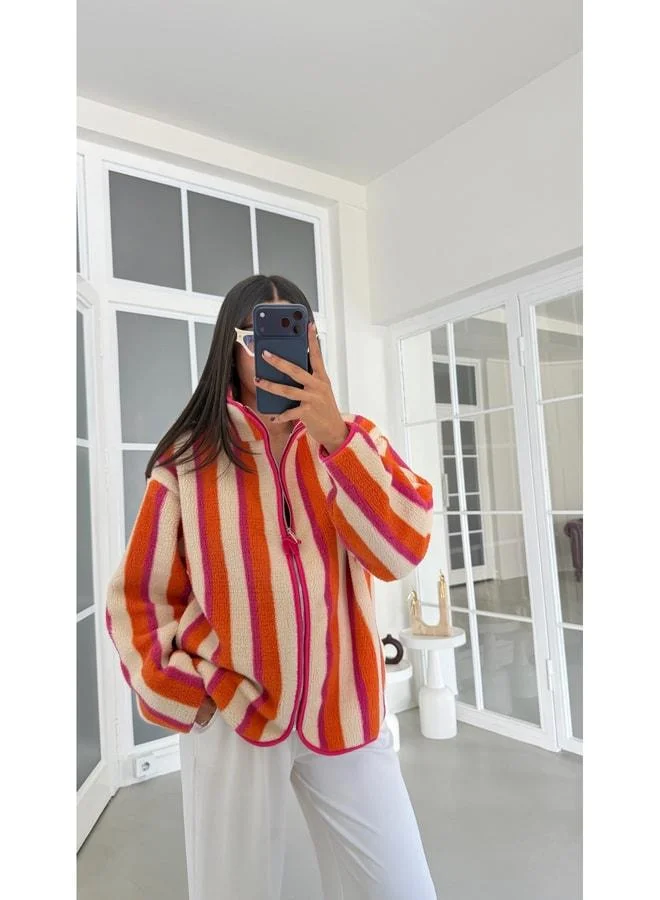 Gaus  Orange Multi-colored Striped Zippered Polar Sweatshirt GAUS-01916 GAUS-01964. for Women | Best Price UAE