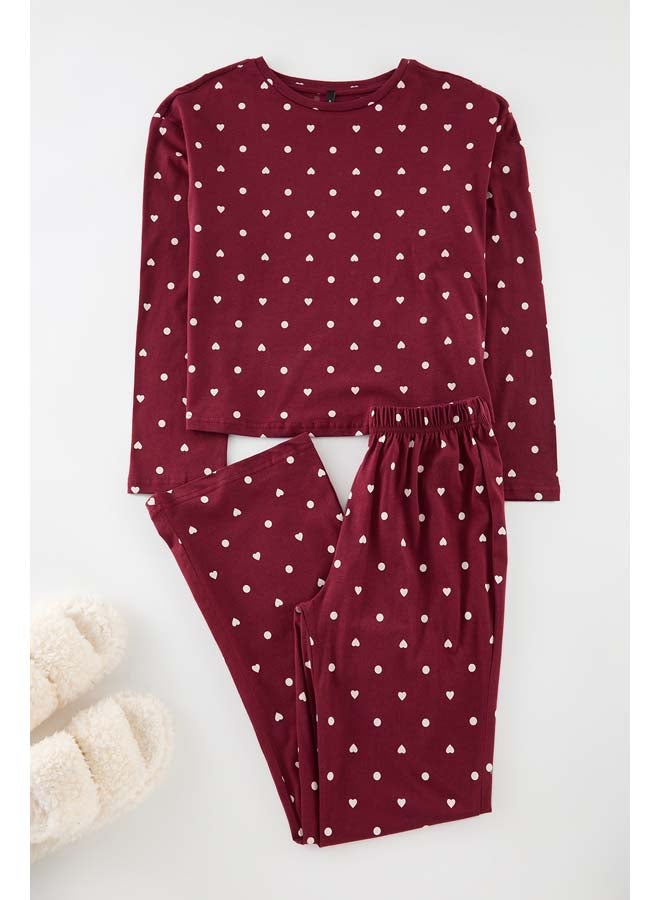 trendyol Claret Red 100% Cotton Polka Dot and Heart Patterned Knitted Pajama Set THMAW25PT00039